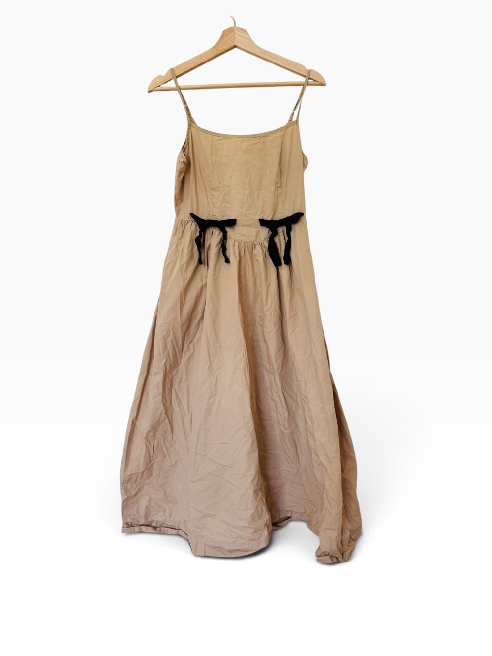 Moon River Beige Midi Dress with Black Bow Accents